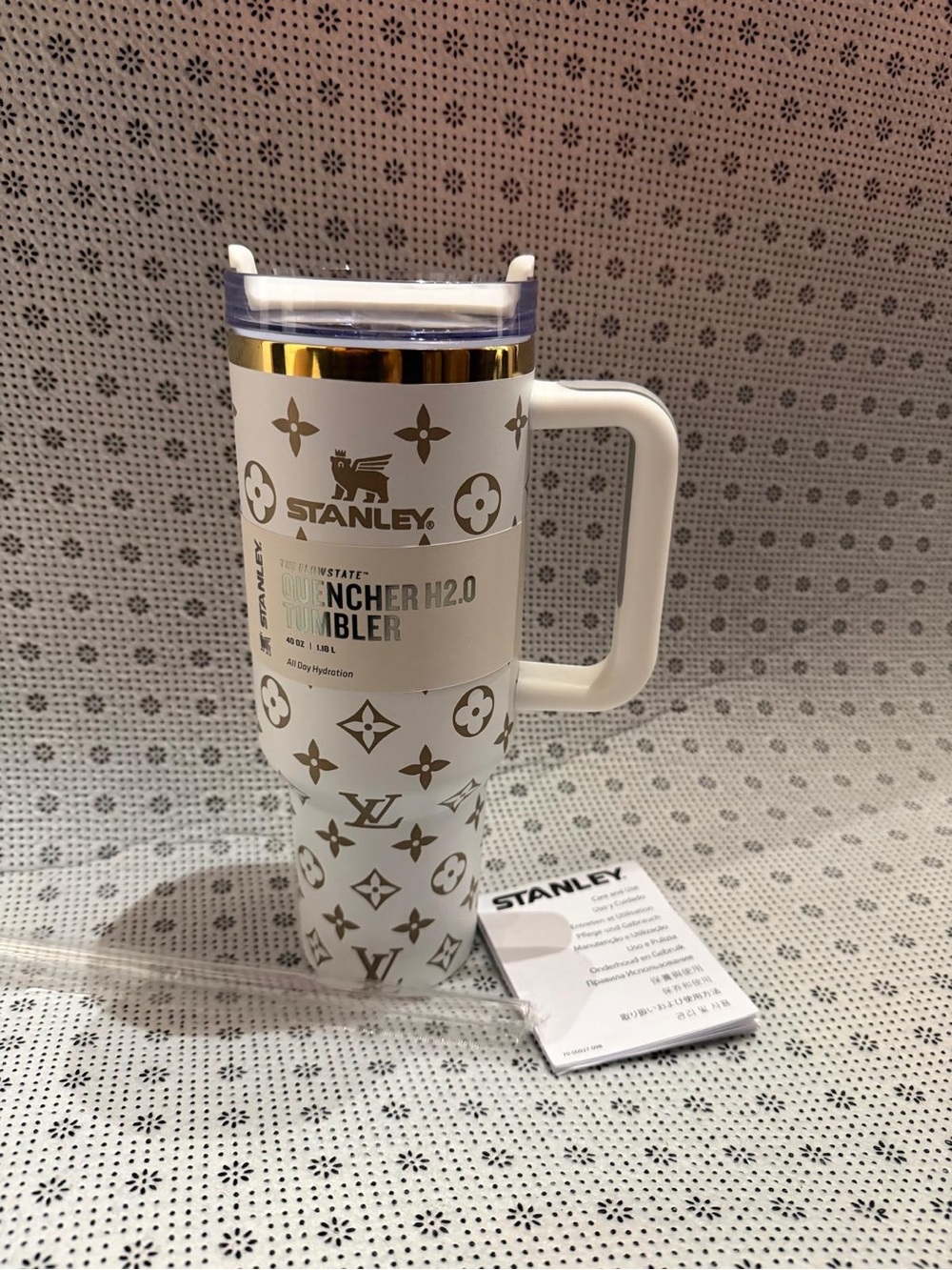Stanley White and Gold Patterned Travel Tumbler with Handle